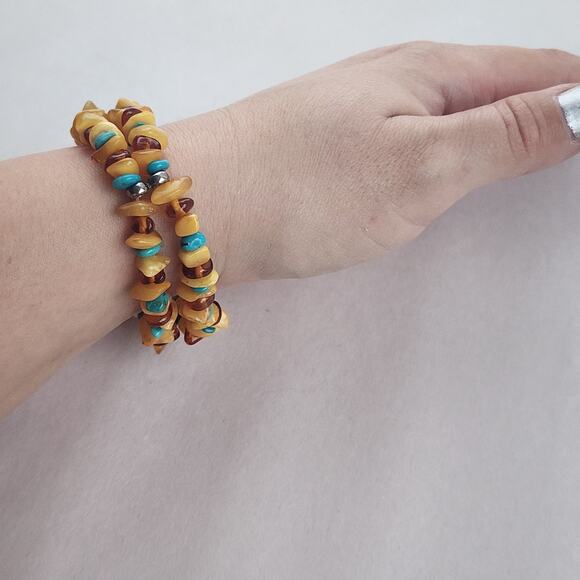 Jay King Amber Turquoise Beaded Bracelet New Stretch Double Two Strand Silver - Picture 4 of 5